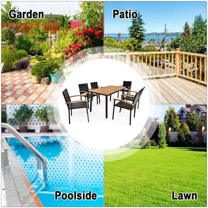 Costway 7 PCS Patio Rattan Dining Set Acacia Wood Table Top Stackable Chair