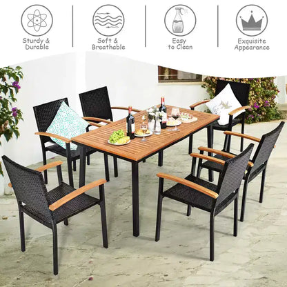 Costway 7 PCS Patio Rattan Dining Set Acacia Wood Table Top Stackable Chair
