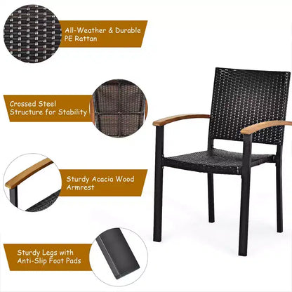 Costway 7 PCS Patio Rattan Dining Set Acacia Wood Table Top Stackable Chair