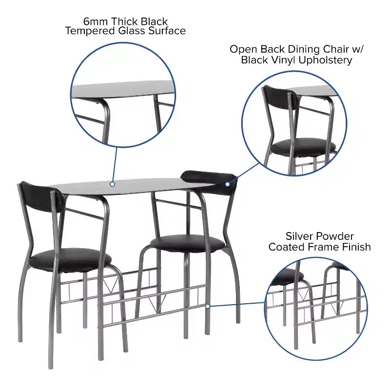 Emma and Oliver 3 Piece Black Glass Space-Saver Bistro Set with Padded Chairs