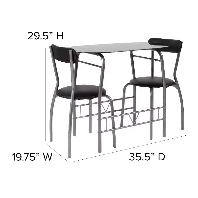 Emma and Oliver 3 Piece Black Glass Space-Saver Bistro Set with Padded Chairs