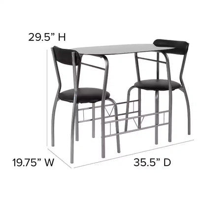 Emma and Oliver 3 Piece Black Glass Space-Saver Bistro Set with Padded Chairs