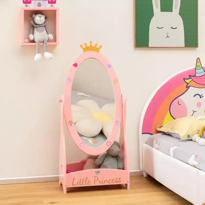 Costway Kids Full Length Mirror Free-Standing 360 Dressing Wooden Princess Storage Pink