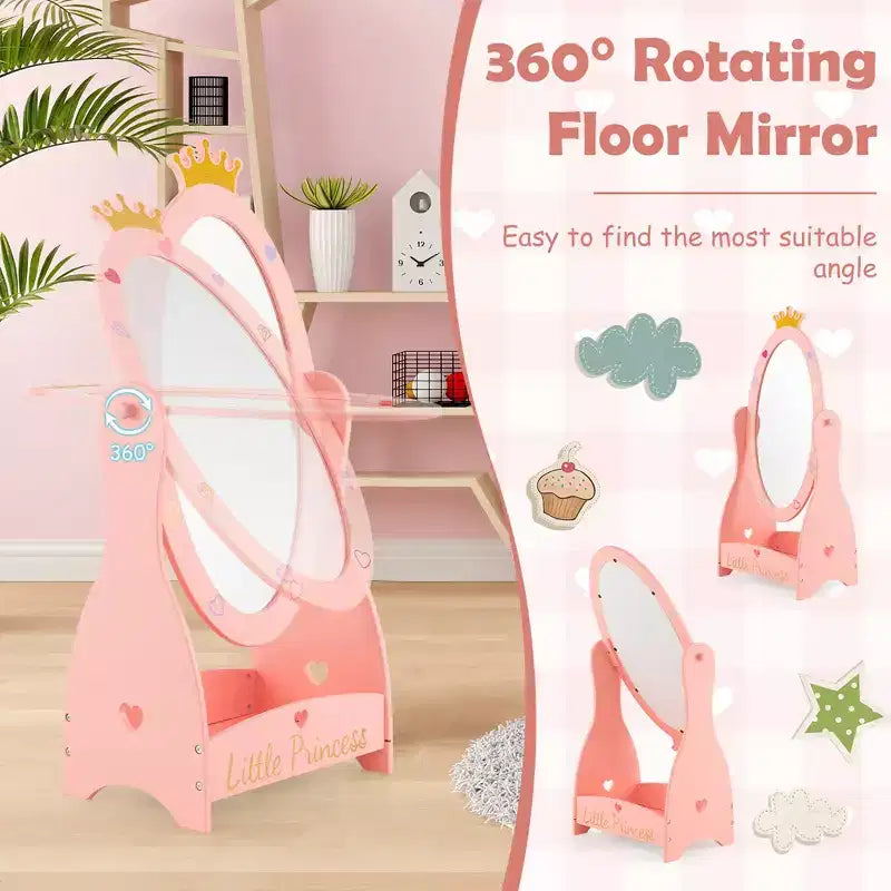 Costway Kids Full Length Mirror Free-Standing 360 Dressing Wooden Princess Storage Pink