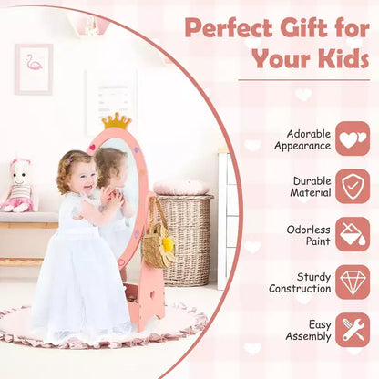 Costway Kids Full Length Mirror Free-Standing 360 Dressing Wooden Princess Storage Pink