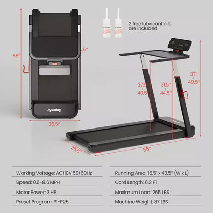 Costway 3HP Running Machine Folding Treadmill Adjustable Height APP Control Table Board
