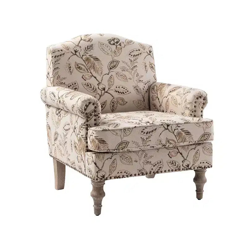 Yahweh Transitional Wooden Upholstered Floral Pattern Design Armchair with Panel Arms and Camelback| ART OF LIVING DESIGNS
