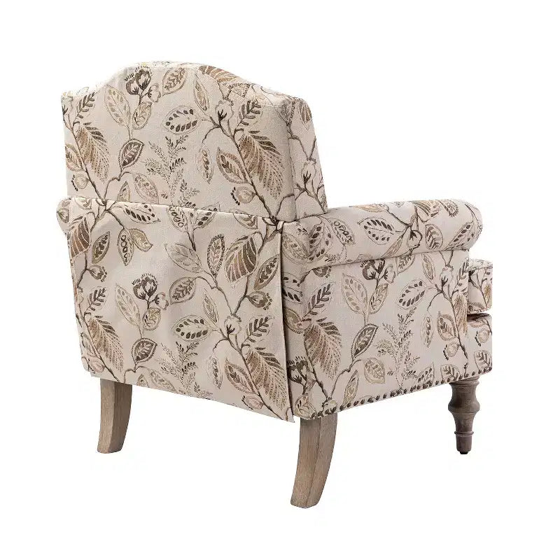 Yahweh Transitional Wooden Upholstered Floral Pattern Design Armchair with Panel Arms and Camelback| ART OF LIVING DESIGNS