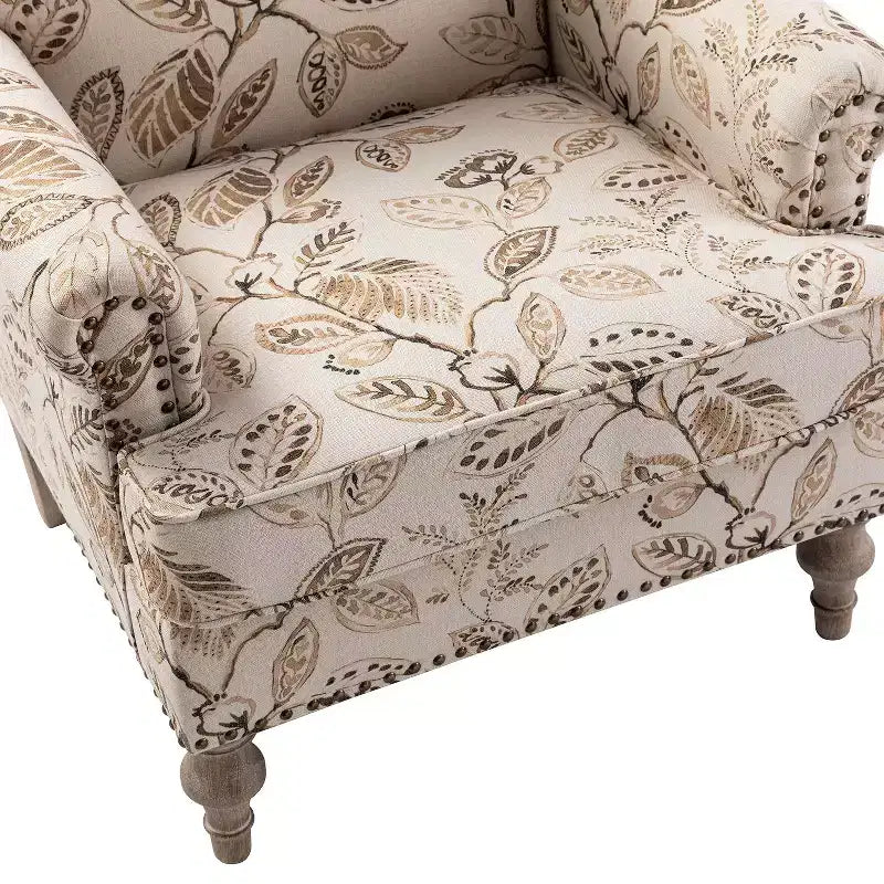 Yahweh Transitional Wooden Upholstered Floral Pattern Design Armchair with Panel Arms and Camelback| ART OF LIVING DESIGNS