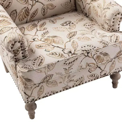 Yahweh Transitional Wooden Upholstered Floral Pattern Design Armchair with Panel Arms and Camelback| ART OF LIVING DESIGNS
