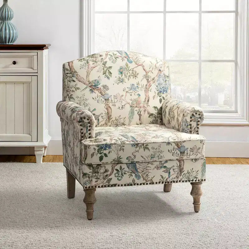 Yahweh Transitional Wooden Upholstered Floral Pattern Design Armchair with Panel Arms and Camelback| ART OF LIVING DESIGNS