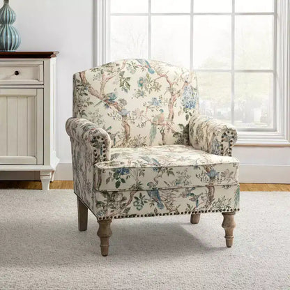Yahweh Transitional Wooden Upholstered Floral Pattern Design Armchair with Panel Arms and Camelback| ART OF LIVING DESIGNS