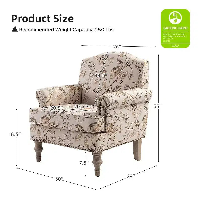 Yahweh Transitional Wooden Upholstered Floral Pattern Design Armchair with Panel Arms and Camelback| ART OF LIVING DESIGNS