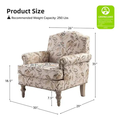 Yahweh Transitional Wooden Upholstered Floral Pattern Design Armchair with Panel Arms and Camelback| ART OF LIVING DESIGNS