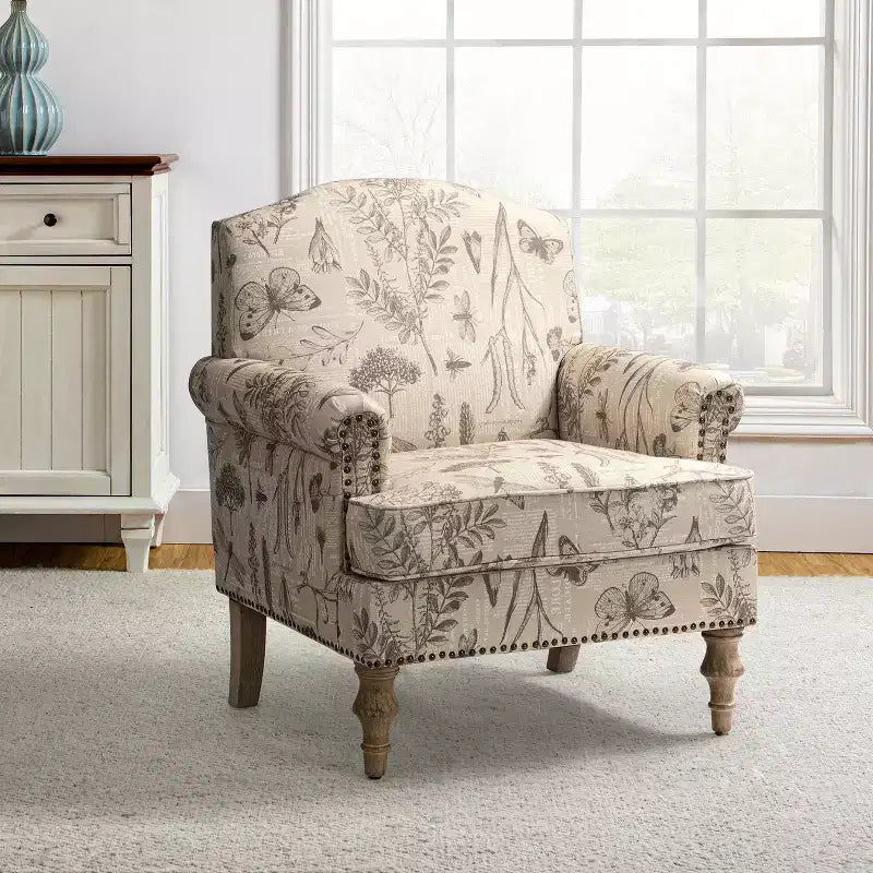 Yahweh Transitional Wooden Upholstered Floral Pattern Design Armchair with Panel Arms and Camelback| ART OF LIVING DESIGNS
