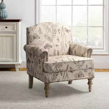 Yahweh Transitional Wooden Upholstered Floral Pattern Design Armchair with Panel Arms and Camelback| ART OF LIVING DESIGNS