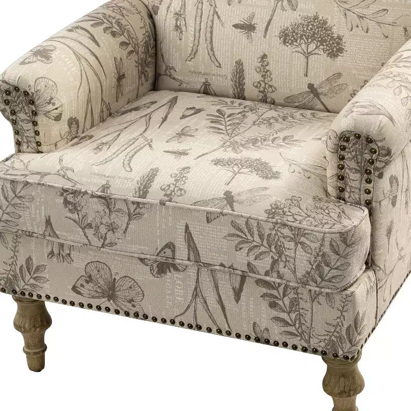 Yahweh Transitional Wooden Upholstered Floral Pattern Design Armchair with Panel Arms and Camelback| ART OF LIVING DESIGNS
