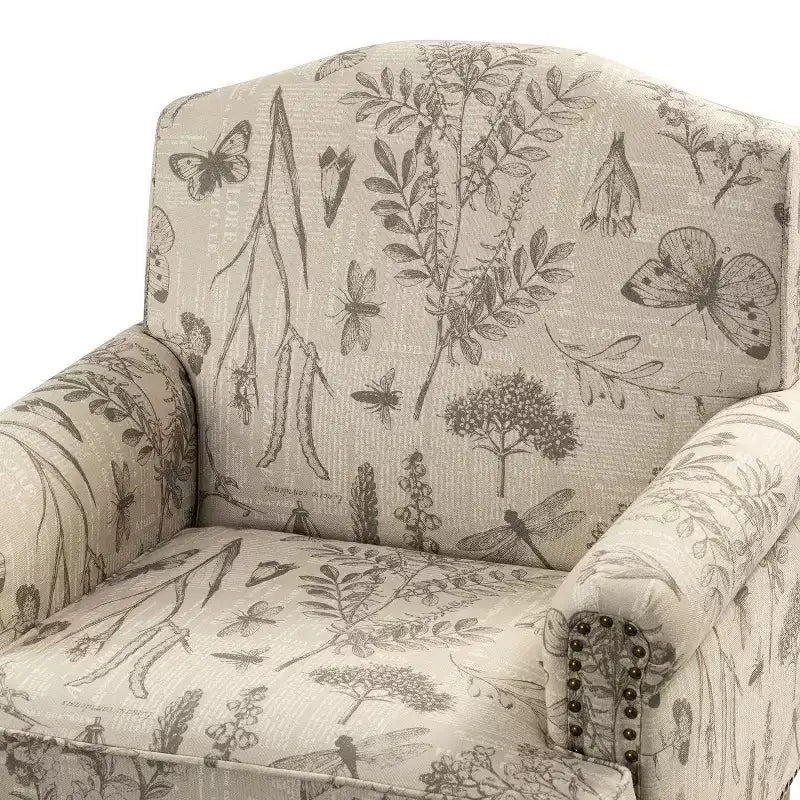 Yahweh Transitional Wooden Upholstered Floral Pattern Design Armchair with Panel Arms and Camelback| ART OF LIVING DESIGNS