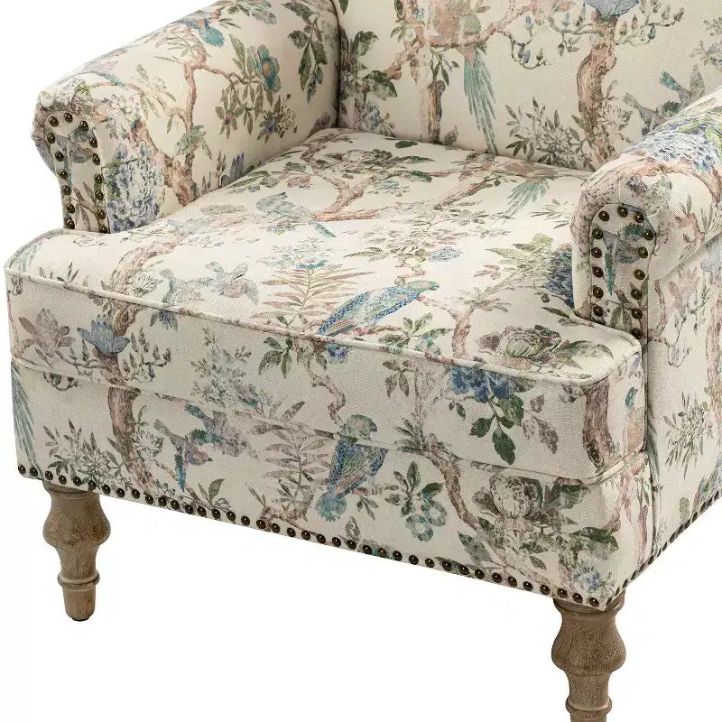 Yahweh Transitional Wooden Upholstered Floral Pattern Design Armchair with Panel Arms and Camelback| ART OF LIVING DESIGNS