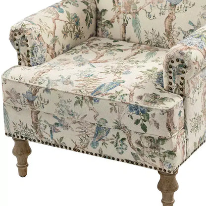 Yahweh Transitional Wooden Upholstered Floral Pattern Design Armchair with Panel Arms and Camelback| ART OF LIVING DESIGNS