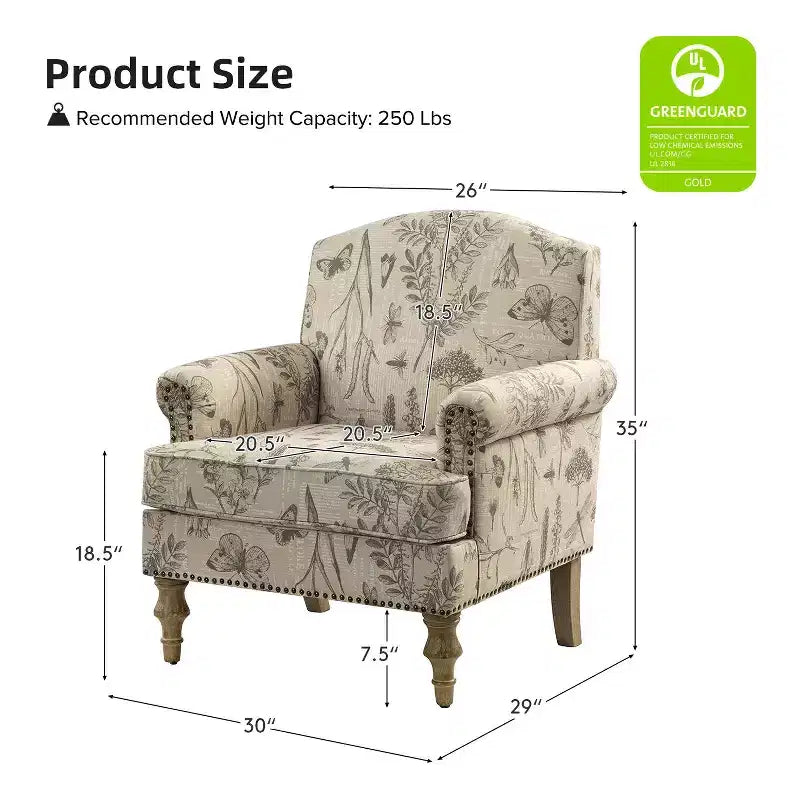Yahweh Transitional Wooden Upholstered Floral Pattern Design Armchair with Panel Arms and Camelback| ART OF LIVING DESIGNS