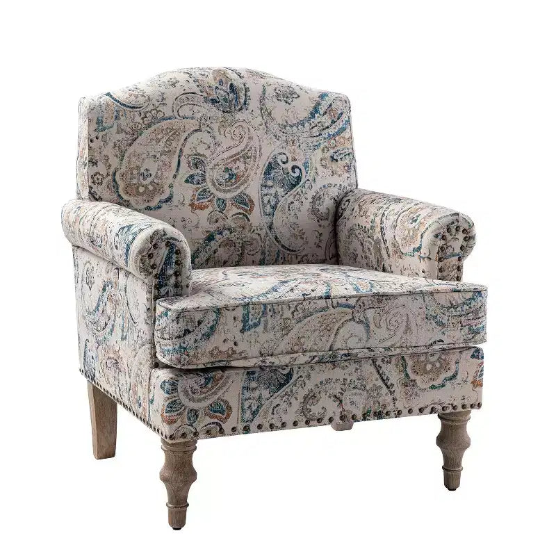 Yahweh Transitional Wooden Upholstered Floral Pattern Design Armchair with Panel Arms and Camelback| ART OF LIVING DESIGNS