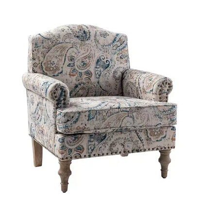 Yahweh Transitional Wooden Upholstered Floral Pattern Design Armchair with Panel Arms and Camelback| ART OF LIVING DESIGNS