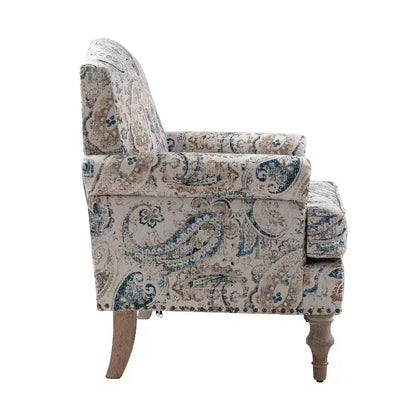 Yahweh Transitional Wooden Upholstered Floral Pattern Design Armchair with Panel Arms and Camelback| ART OF LIVING DESIGNS