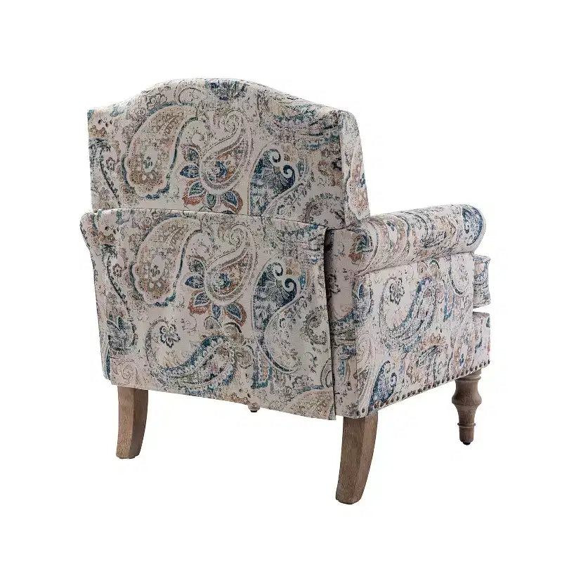 Yahweh Transitional Wooden Upholstered Floral Pattern Design Armchair with Panel Arms and Camelback| ART OF LIVING DESIGNS