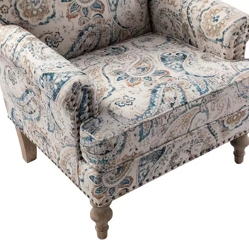 Yahweh Transitional Wooden Upholstered Floral Pattern Design Armchair with Panel Arms and Camelback| ART OF LIVING DESIGNS