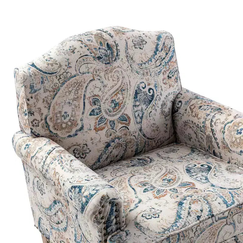 Yahweh Transitional Wooden Upholstered Floral Pattern Design Armchair with Panel Arms and Camelback| ART OF LIVING DESIGNS