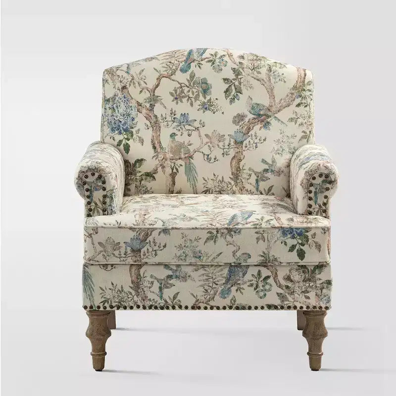 Yahweh Transitional Wooden Upholstered Floral Pattern Design Armchair with Panel Arms and Camelback| ART OF LIVING DESIGNS