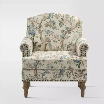 Yahweh Transitional Wooden Upholstered Floral Pattern Design Armchair with Panel Arms and Camelback| ART OF LIVING DESIGNS