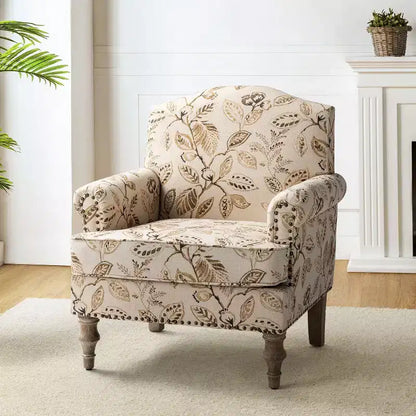 Yahweh Transitional Wooden Upholstered Floral Pattern Design Armchair with Panel Arms and Camelback| ART OF LIVING DESIGNS