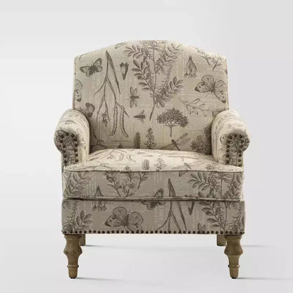 Yahweh Transitional Wooden Upholstered Floral Pattern Design Armchair with Panel Arms and Camelback| ART OF LIVING DESIGNS