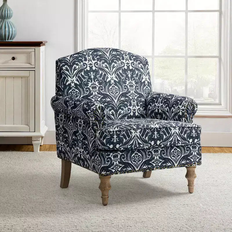 Yahweh Transitional Wooden Upholstered Floral Pattern Design Armchair with Panel Arms and Camelback| ART OF LIVING DESIGNS