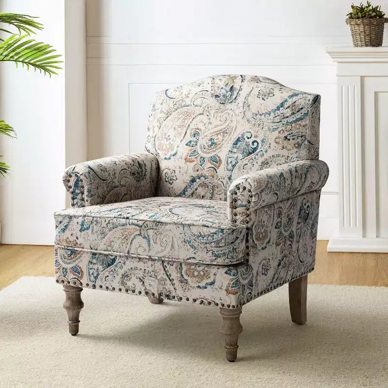 Yahweh Transitional Wooden Upholstered Floral Pattern Design Armchair with Panel Arms and Camelback| ART OF LIVING DESIGNS