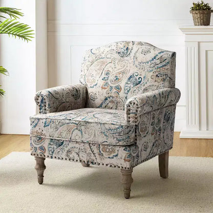 Yahweh Transitional Wooden Upholstered Floral Pattern Design Armchair with Panel Arms and Camelback| ART OF LIVING DESIGNS