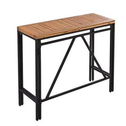 5-Piece Outdoor Patio Wicker Bar Set with Foldable Acacia Wood Top with 4 Stools and 1 Table,Brown - ModernLuxe