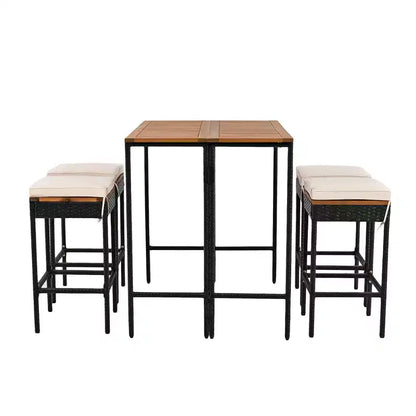 5-Piece Outdoor Patio Wicker Bar Set with Foldable Acacia Wood Top with 4 Stools and 1 Table,Brown - ModernLuxe