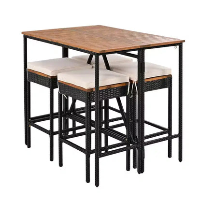 5-Piece Outdoor Patio Wicker Bar Set with Foldable Acacia Wood Top with 4 Stools and 1 Table,Brown - ModernLuxe