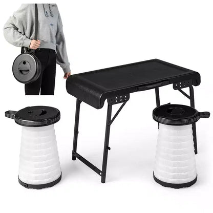 Costway 3-Piece Folding Table Stool Set with a Camping Table & 2 Retractable LED Stools