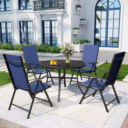 Captiva Designs 5pc Outdoor Dining Set with 7-Position Adjustable Folding Chairs & Round Metal Table with Umbrella Hole