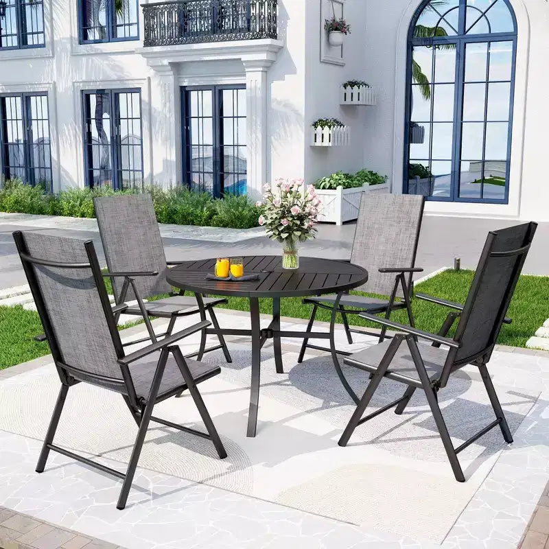 Captiva Designs 5pc Outdoor Dining Set with 7-Position Adjustable Folding Chairs & Round Metal Table with Umbrella Hole