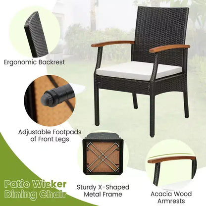 Costway 7 PCS Patio Rattan Dining Set Acacia Wood Table 6 Wicker Chairs with Umbrella Hole