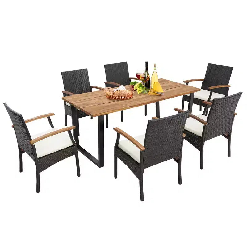 Costway 7 PCS Patio Rattan Dining Set Acacia Wood Table 6 Wicker Chairs with Umbrella Hole
