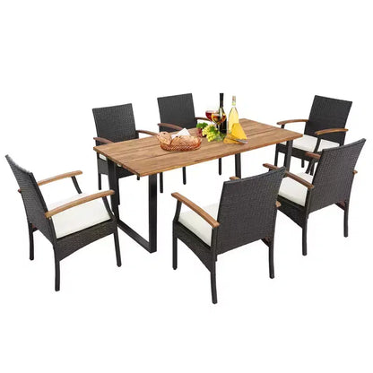 Costway 7 PCS Patio Rattan Dining Set Acacia Wood Table 6 Wicker Chairs with Umbrella Hole