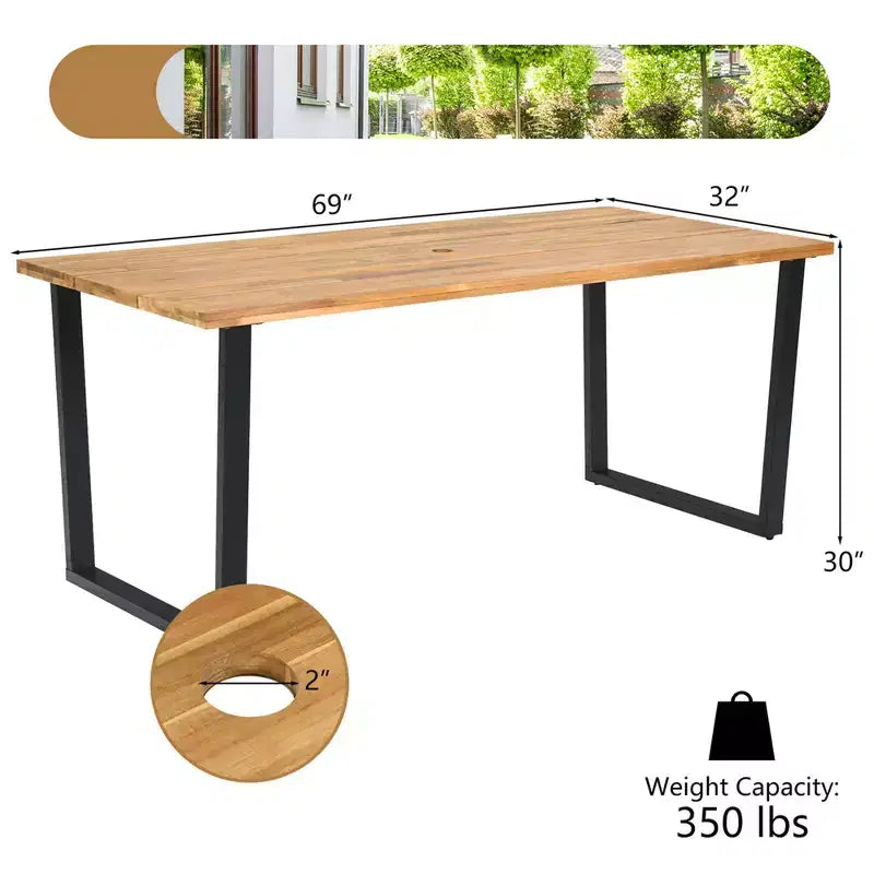 Costway 7 PCS Patio Rattan Dining Set Acacia Wood Table 6 Wicker Chairs with Umbrella Hole