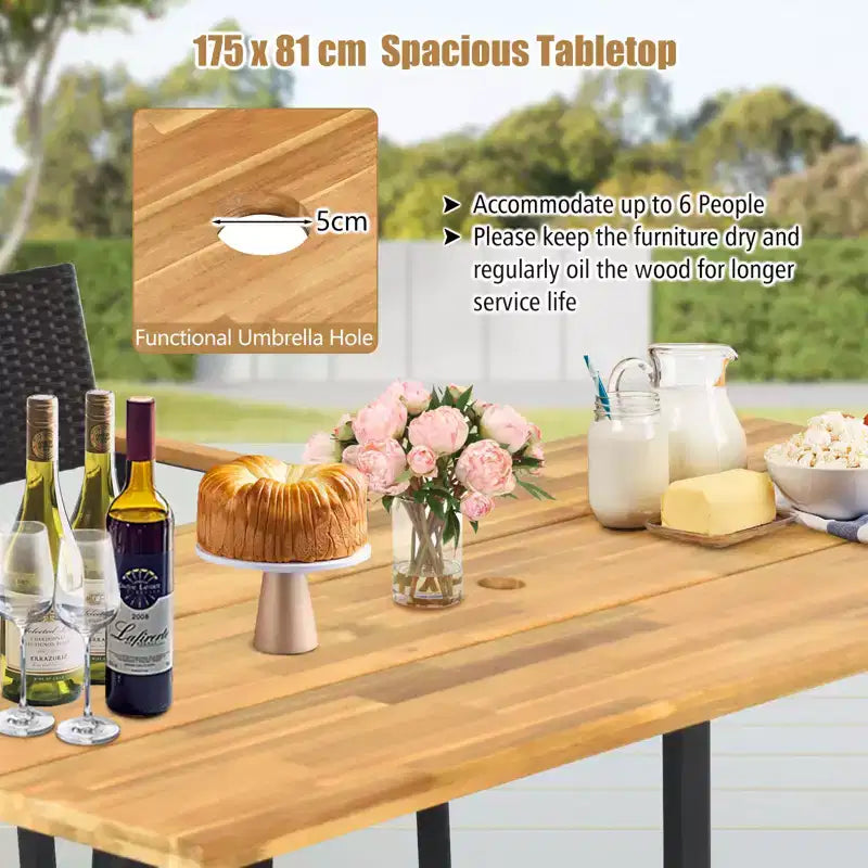 Costway 7 PCS Patio Rattan Dining Set Acacia Wood Table 6 Wicker Chairs with Umbrella Hole