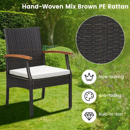 Costway 7 PCS Patio Rattan Dining Set Acacia Wood Table 6 Wicker Chairs with Umbrella Hole